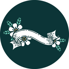 tattoo style icon of a banner and flowers