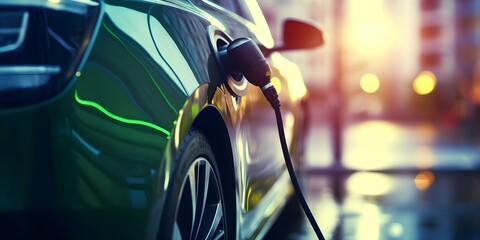 EV charging stations prioritize ecofriendly power supply to reduce carbon emissions. Concept Electric vehicles, Charging stations, Eco-friendly power, Carbon emissions, Sustainability - obrazy, fototapety, plakaty