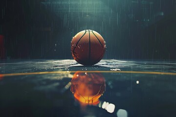 A basketball on the background of a basket on a street playground in the rain. - obrazy, fototapety, plakaty