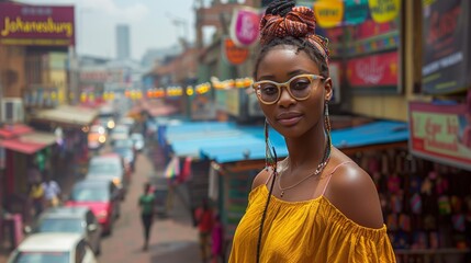 Fototapeta premium Portrait of a beautiful african american woman wearing yellow dress and sunglasses in the street of Johannesburg.