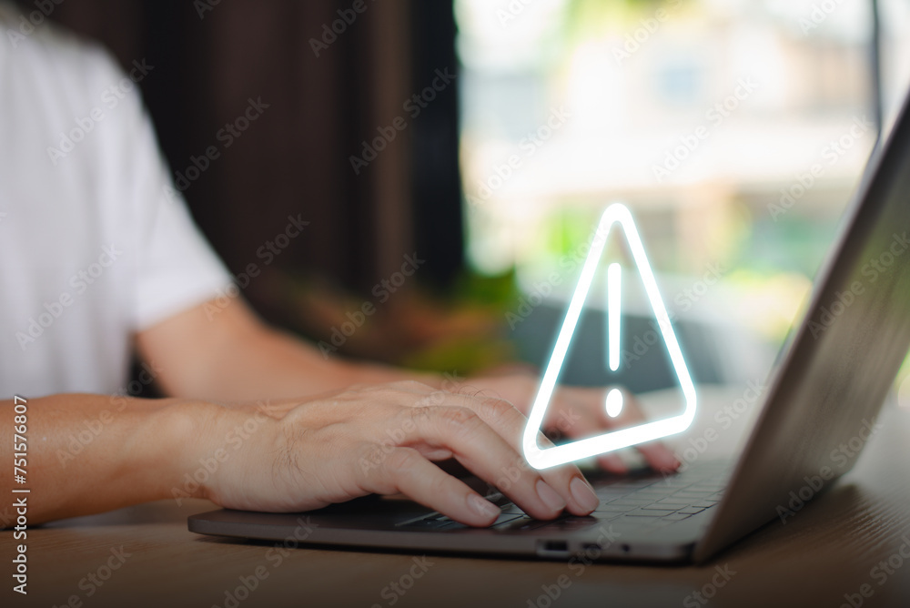 Poster caution failure system hacked warn alert concept. businessman use computer laptop, triangle caution 