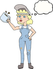 thought bubble cartoon woman in dungarees