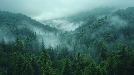 Misty foggy mountain landscape with fir forest and copyspace in vintage retro hipster style. - 751577210