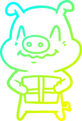 cold gradient line drawing nervous cartoon pig with present