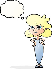 cartoon girl with hands on hips with thought bubble