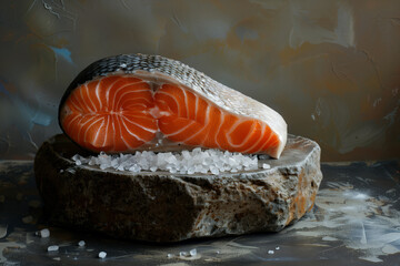 A piece of fish salmon lying on a stone with salt and spices raw fish prepared for cooking