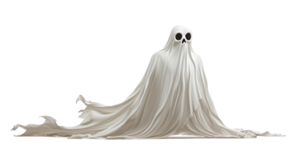 A ghostly figure with a skull on its head is draped in a white sheet Isolated on transparent background, PNG