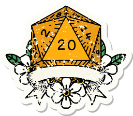 natural 20 critical hit D20 dice roll grunge sticker