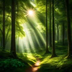 Sunlight in the green forest hd realistic