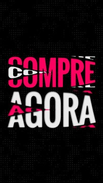 Vertical template, in portuguese, with call to action "compre agora" with transitions in white and pink/red words that change color and a black background with white dots that flash.