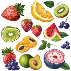 clipart illustration featuring a various of fresh summer fruit on white background suitable for crafting and digital design projects