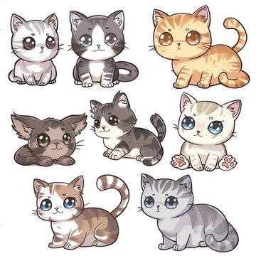 clipart illustration featuring a various of cute Chibi cats on white background suitable for crafting and digital design projects