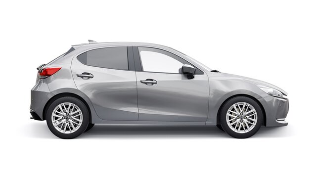Madrid. Spain. February 28, 2024. Mazda 2 2021 gray compact city car on a white background. 3d illustration.