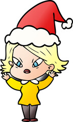 gradient cartoon of a stressed woman wearing santa hat