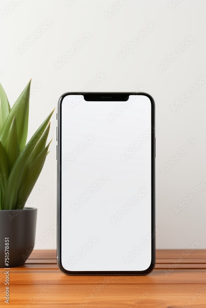 Poster a close-up of a smartphone with a blank screen-a mock-up of a copy space on a wooden office table ne