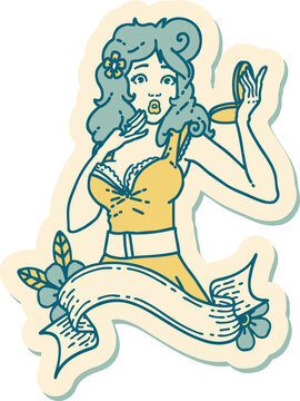 tattoo style sticker of a pinup surprised girl with banner