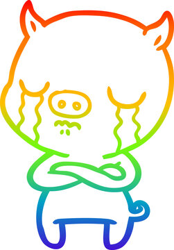 recommend clip art: rainbow gradient line drawing cartoon pig crying