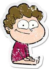 distressed sticker of a cartoon happy man