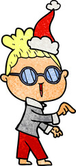 textured cartoon of a woman wearing spectacles wearing santa hat