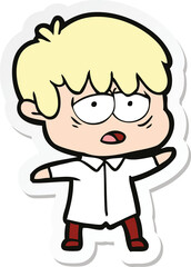 sticker of a cartoon exhausted boy