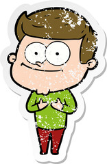 distressed sticker of a cartoon smiling man