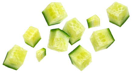 Falling cucumber cubes isolated on white background