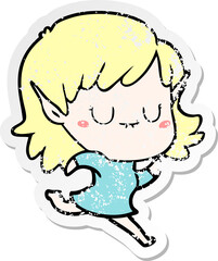 distressed sticker of a happy cartoon elf girl running