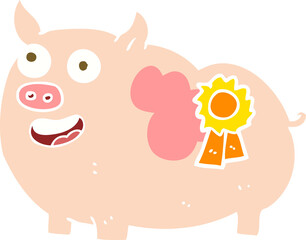 flat color illustration of a cartoon prize winning pig