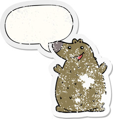 cartoon happy bear and speech bubble distressed sticker