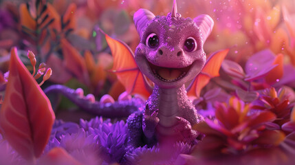 A 3D animator bringing to life a happy baby dragon in a vibrant and colorful backdrop background