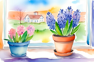 Pink and blue hyacinths in flower pots on windowsill on sunny afternoon against spring landscape. Watercolor drawing. Atmosphere of springtime