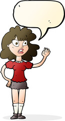 cartoon worried woman waving with speech bubble