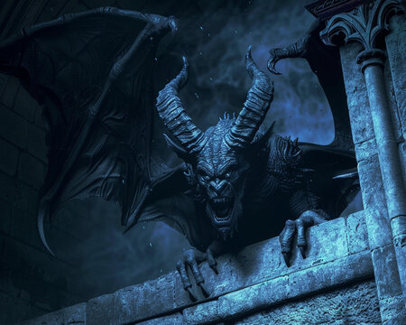 A 3D animated demon creature with horns and bat-like wings lurking in the shadows of a haunted castle - Powered by Adobe