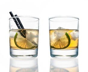 Alcoholic cocktail of whiskey with lime isolated on white