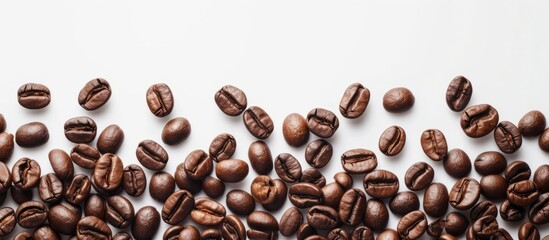 Roasted coffee beans arrangement on clean white background for coffee lovers and baristas