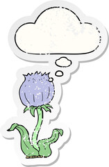 cartoon wild flower and thought bubble as a distressed worn sticker