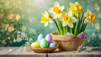 Easter background with daffodils and Easter eggs