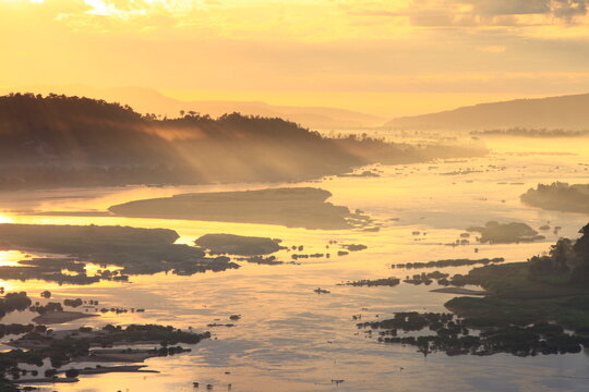 Phu Huai I San is a low hill and the beautiful view of the mountain ranges interspersed with the Mekong River, 
Ban Muang, Sangkhom District, Nong Khai Province,Thailand 