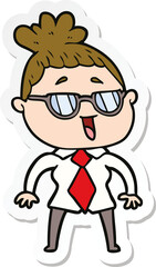 sticker of a cartoon happy woman wearing spectacles