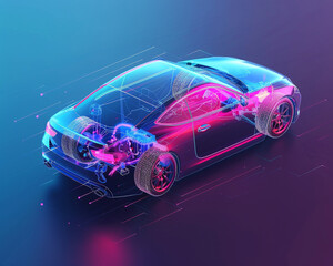 A cross-sectional illustration of a modern car depicted as a hologram in a 3D animator style