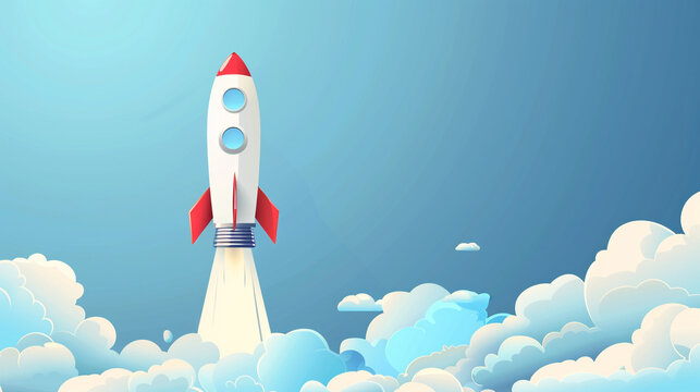 A cartoon rocket soaring gracefully amidst a billowing cloud backdrop