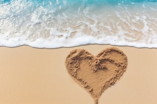 A simple heart drawn on beach sand with the ocean wave gently approaching, symbolizing lasting love.