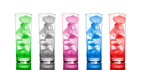 multi-colored cocktails with ice in a tall glass isolated on a white background