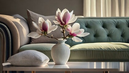 Kwiaty magnolii w wazonie. W tle salon. Wiosenne tło
