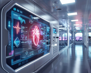 A futuristic medical facility with advanced technology and sleek design featuring a heart health infographic displayed on a digital screen in the background