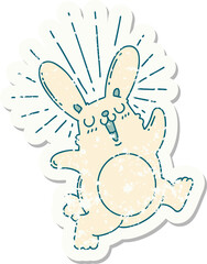 grunge sticker of tattoo style prancing rabbit