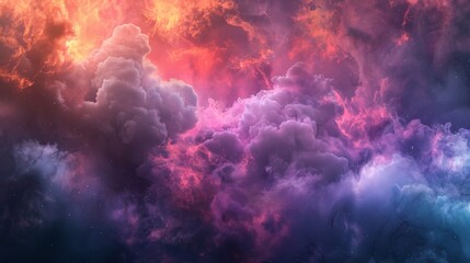 Vibrant cloud nebulae illustration in red and purple hues. Fiery cosmic cloudscape in rich magenta tones. Abstract astral phenomena with warm and cool contrasts. - obrazy, fototapety, plakaty