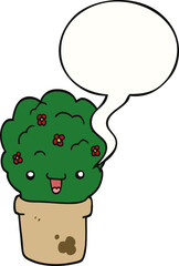 cartoon shrub in pot and speech bubble