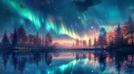 The mesmerizing dance of the aurora borealis in shades of green and blue lights up the night sky above a tranquil mountain lake. Aurora borealis illuminating the night sky above a snowy forest