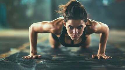 Determined woman doing push-ups in gym. Intense workout session with focused female. Fitness...